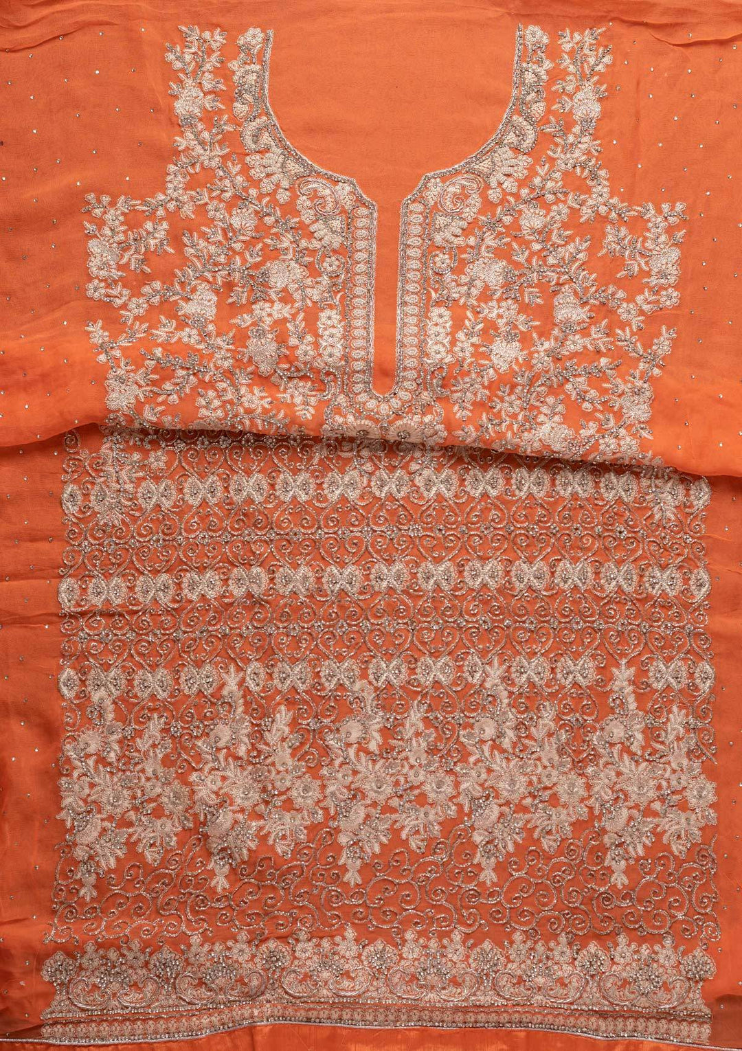 Light Orange Silver Stonework Georgette Designer Unstitched Salwar Suit - koskii