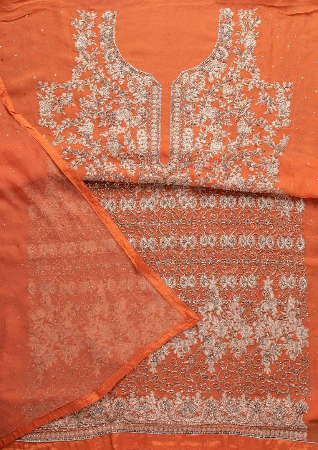 Light Orange Silver Stonework Georgette Designer Unstitched Salwar Suit - koskii