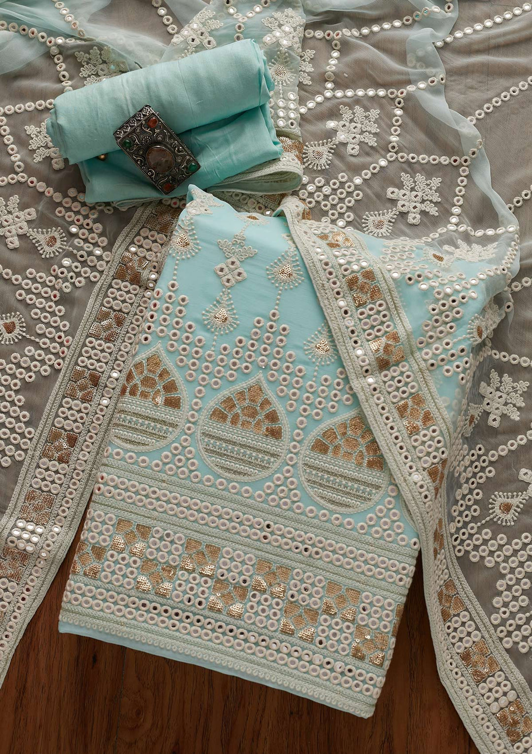 Sky Blue Chikankari Georgette Designer Unstitched Salwar Suit - Koskii