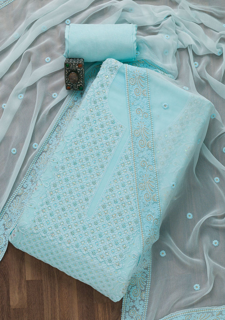 Sky Blue Chikankari Georgette Unstitched Salwar Suit-Koskii