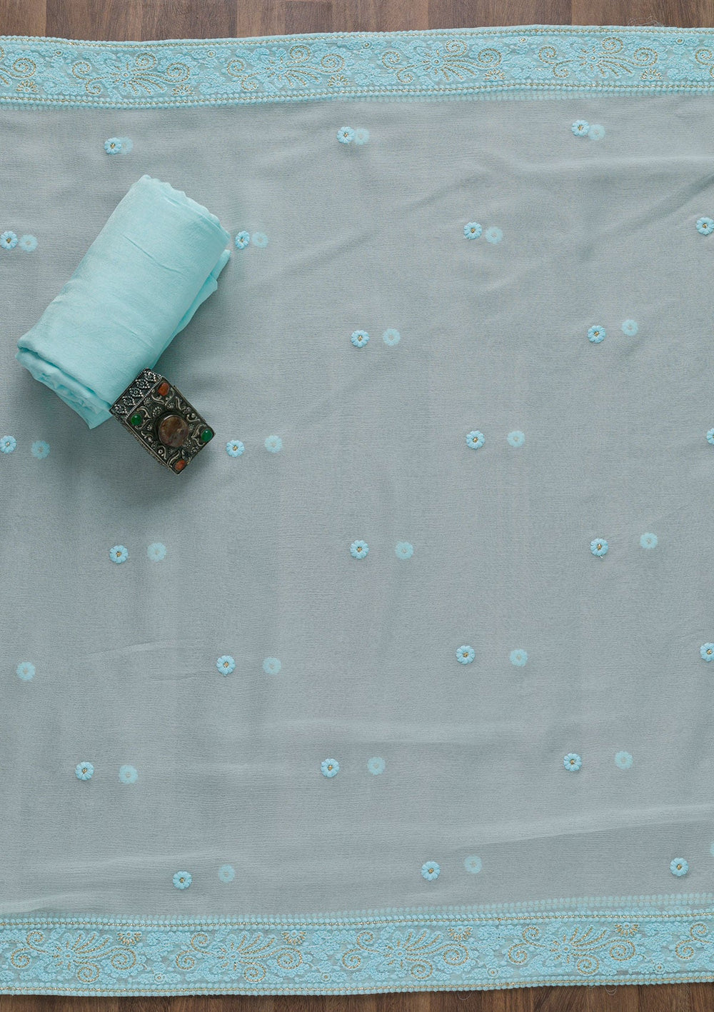 Sky Blue Chikankari Georgette Unstitched Salwar Suit-Koskii
