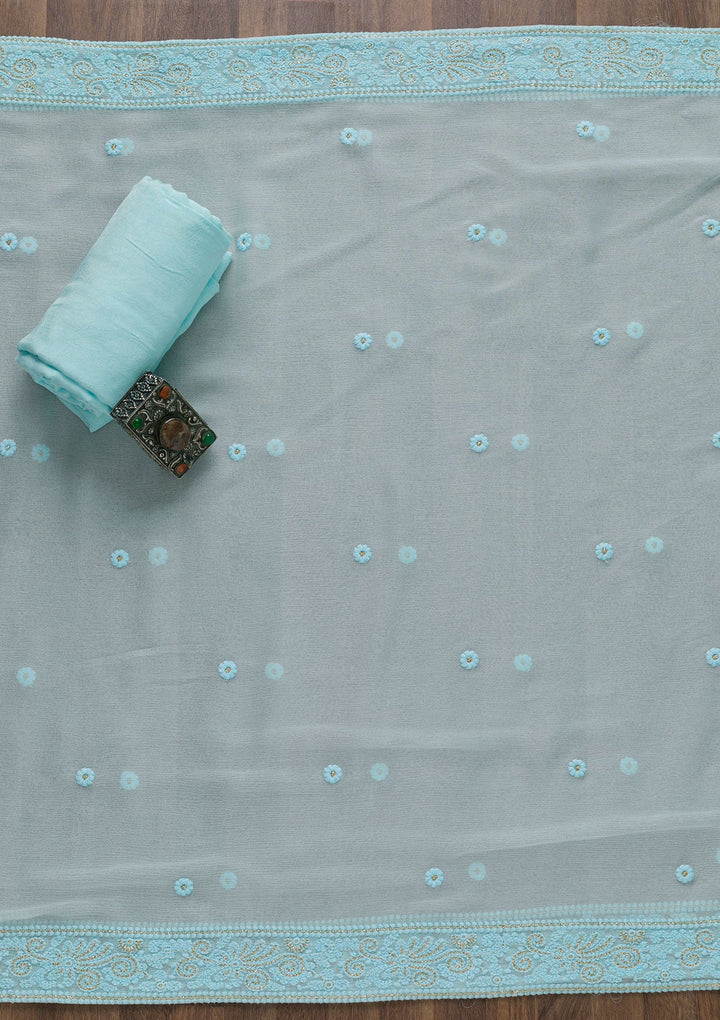 Sky Blue Chikankari Georgette Unstitched Salwar Suit-Koskii