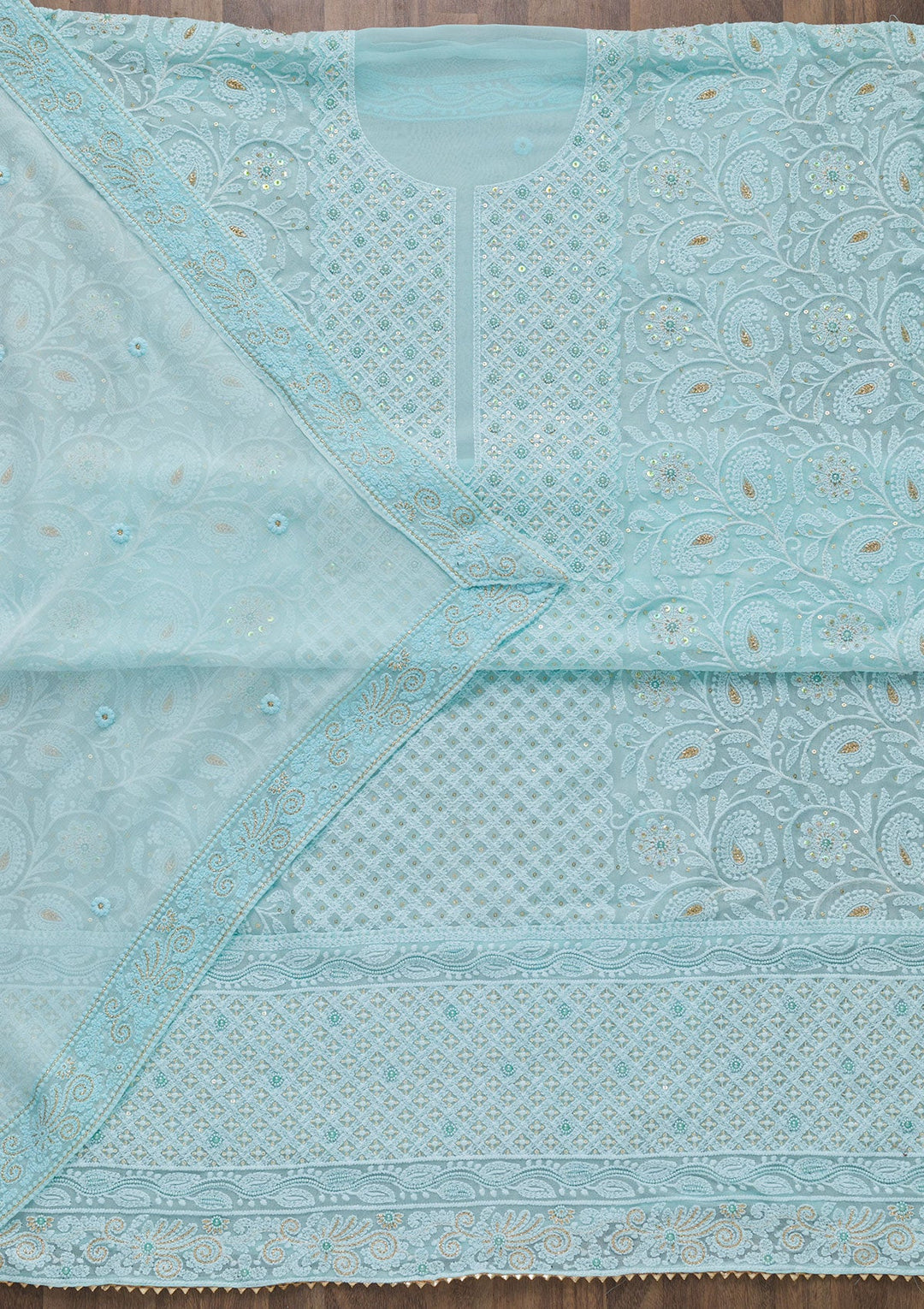 Sky Blue Chikankari Georgette Unstitched Salwar Suit-Koskii