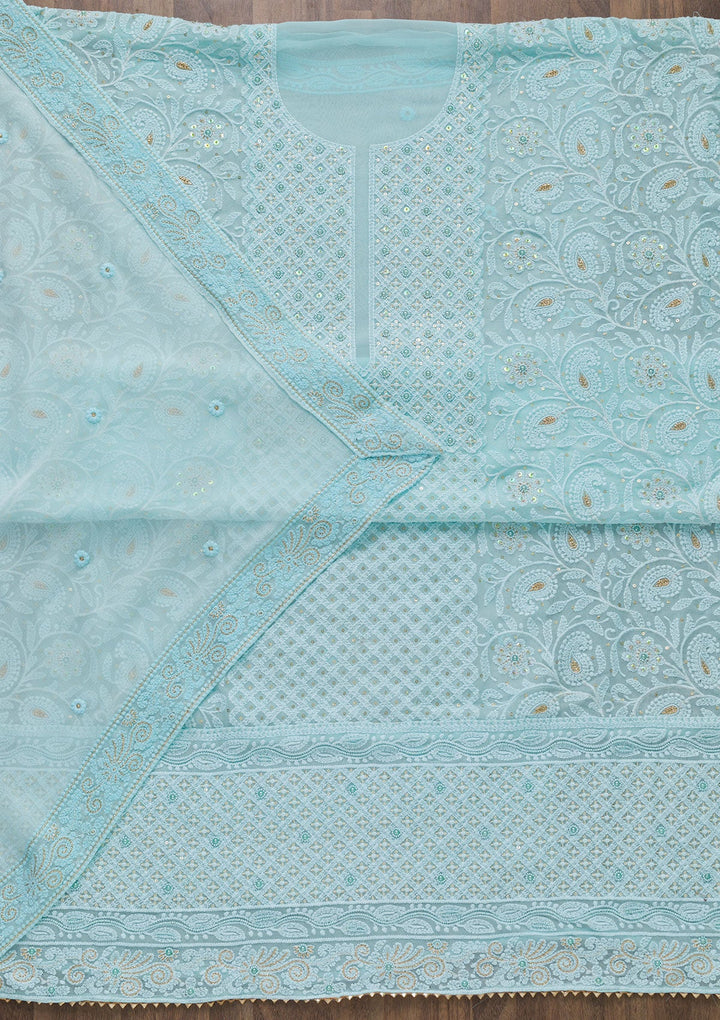 Sky Blue Chikankari Georgette Unstitched Salwar Suit-Koskii
