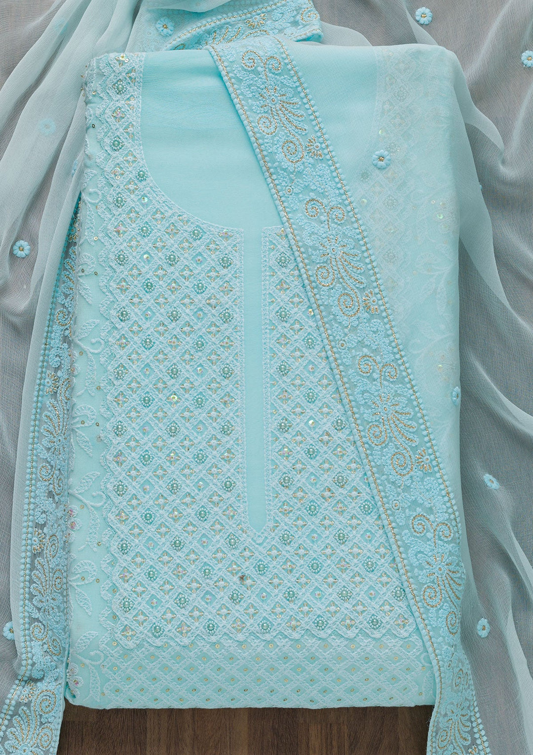 Sky Blue Chikankari Georgette Unstitched Salwar Suit-Koskii