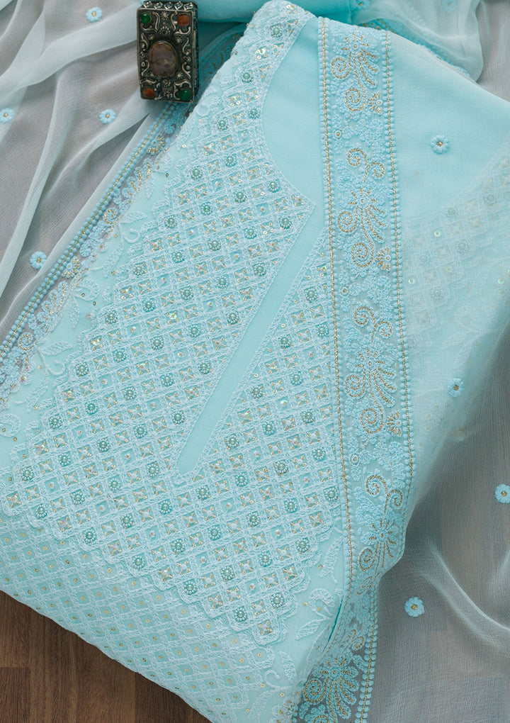 Sky Blue Chikankari Georgette Unstitched Salwar Suit-Koskii
