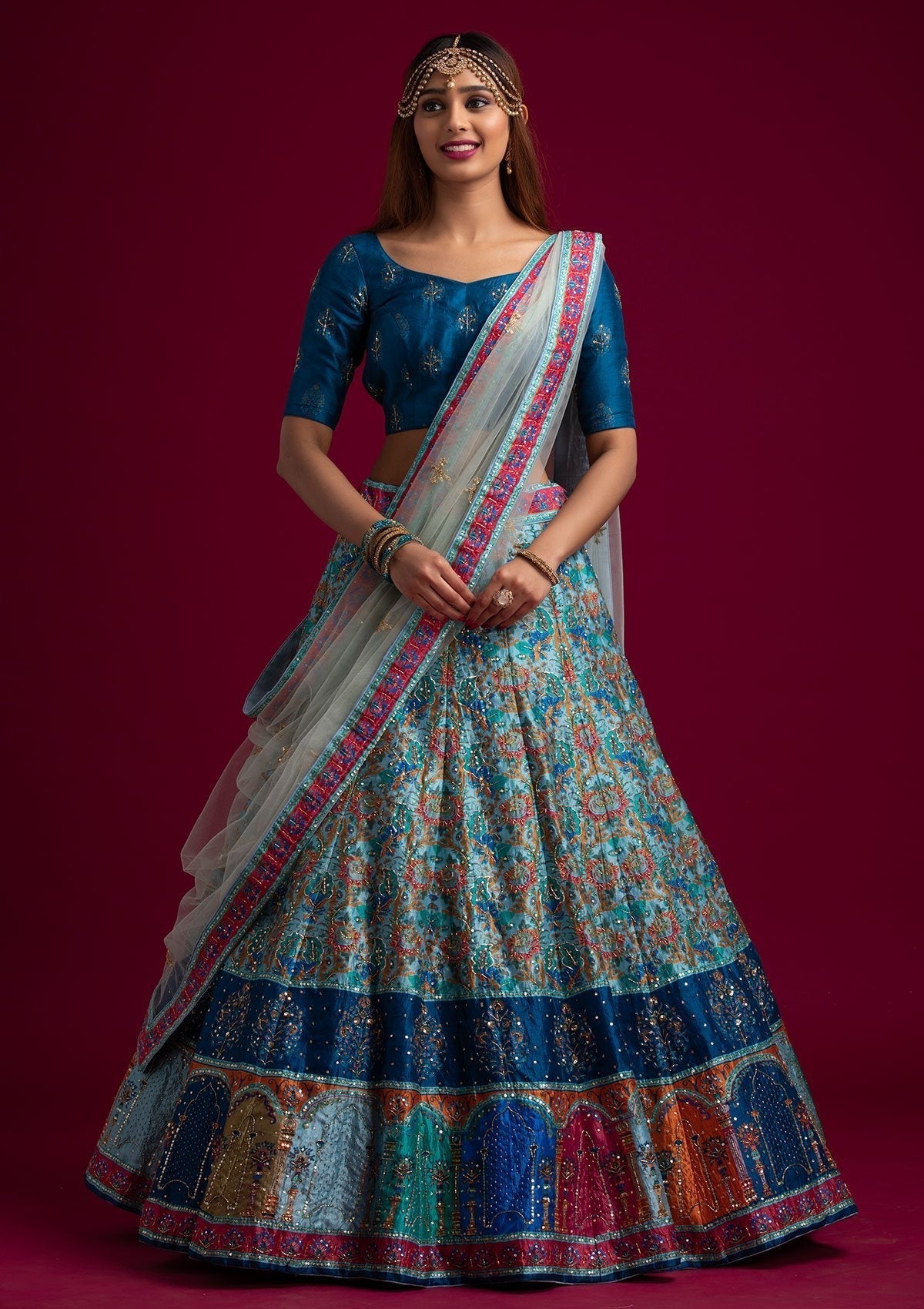 Sky Blue Cutdana Art Silk Designer Semi-Stitched Lehenga - koskii