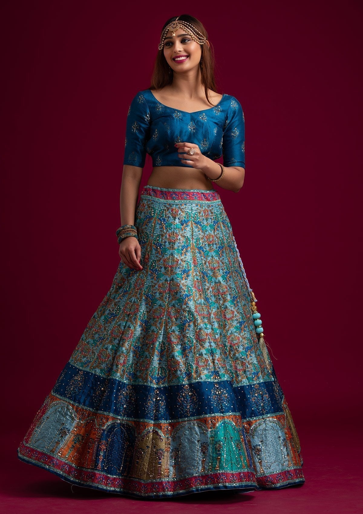 Sky Blue Cutdana Art Silk Designer Semi-Stitched Lehenga - koskii