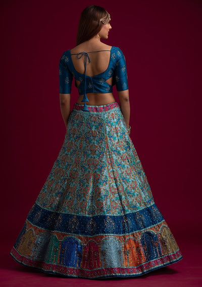 Sky Blue Cutdana Art Silk Designer Semi-Stitched Lehenga - koskii