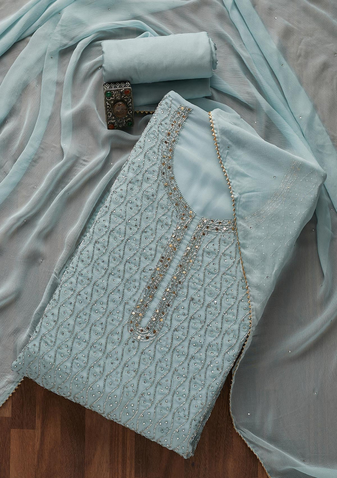 Sky Blue Cutdana Georgette Designer Unstitched Salwar Suit - Koskii