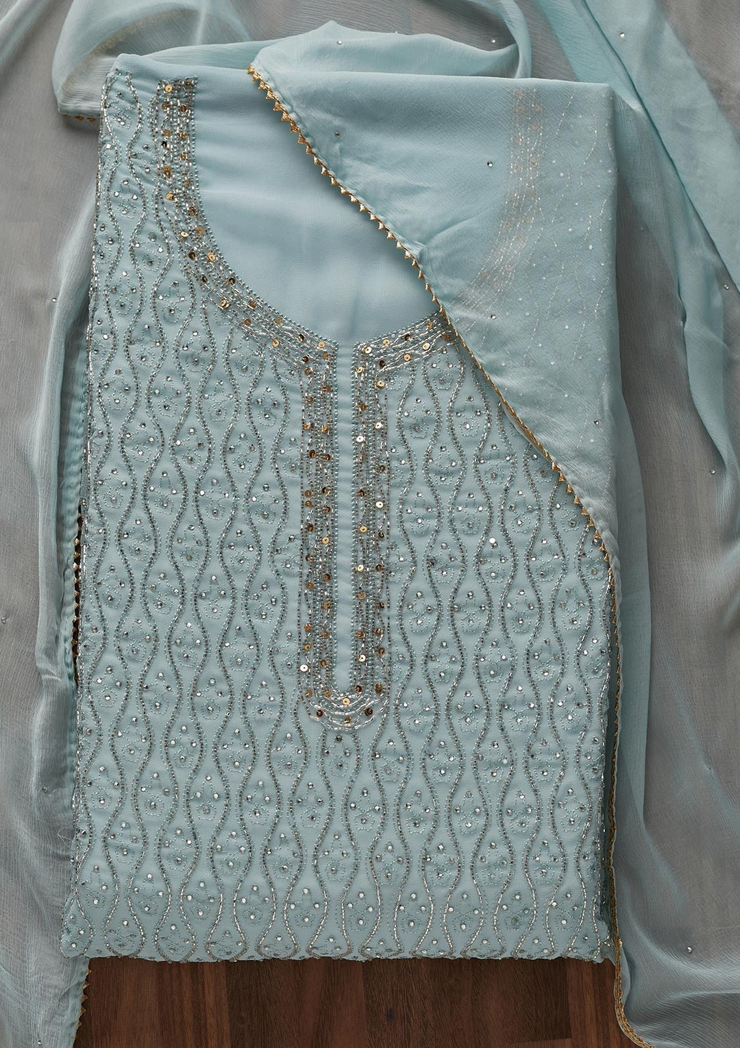 Sky Blue Cutdana Georgette Designer Unstitched Salwar Suit - Koskii