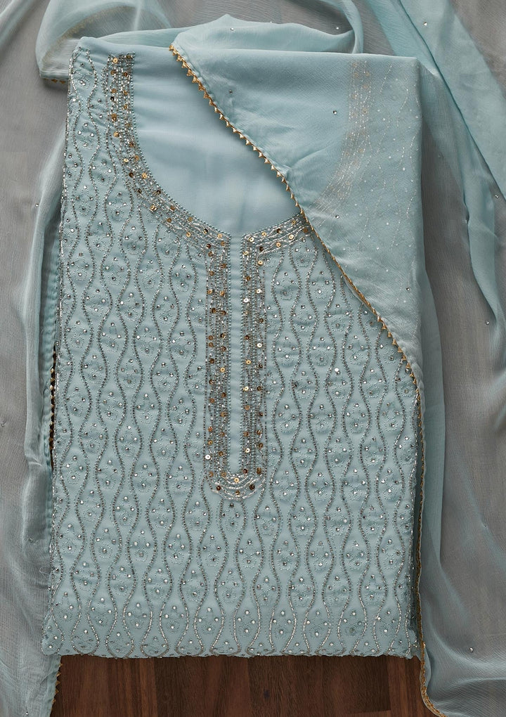 Sky Blue Cutdana Georgette Designer Unstitched Salwar Suit - Koskii