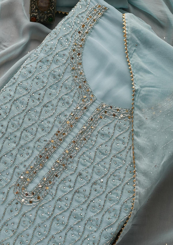 Sky Blue Cutdana Georgette Designer Unstitched Salwar Suit - Koskii