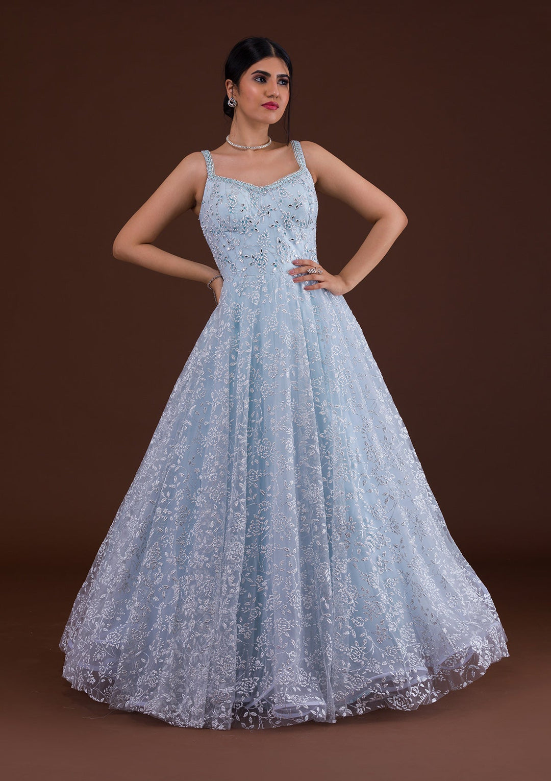 Sky Blue Cutdana Net Designer Gown-Koskii