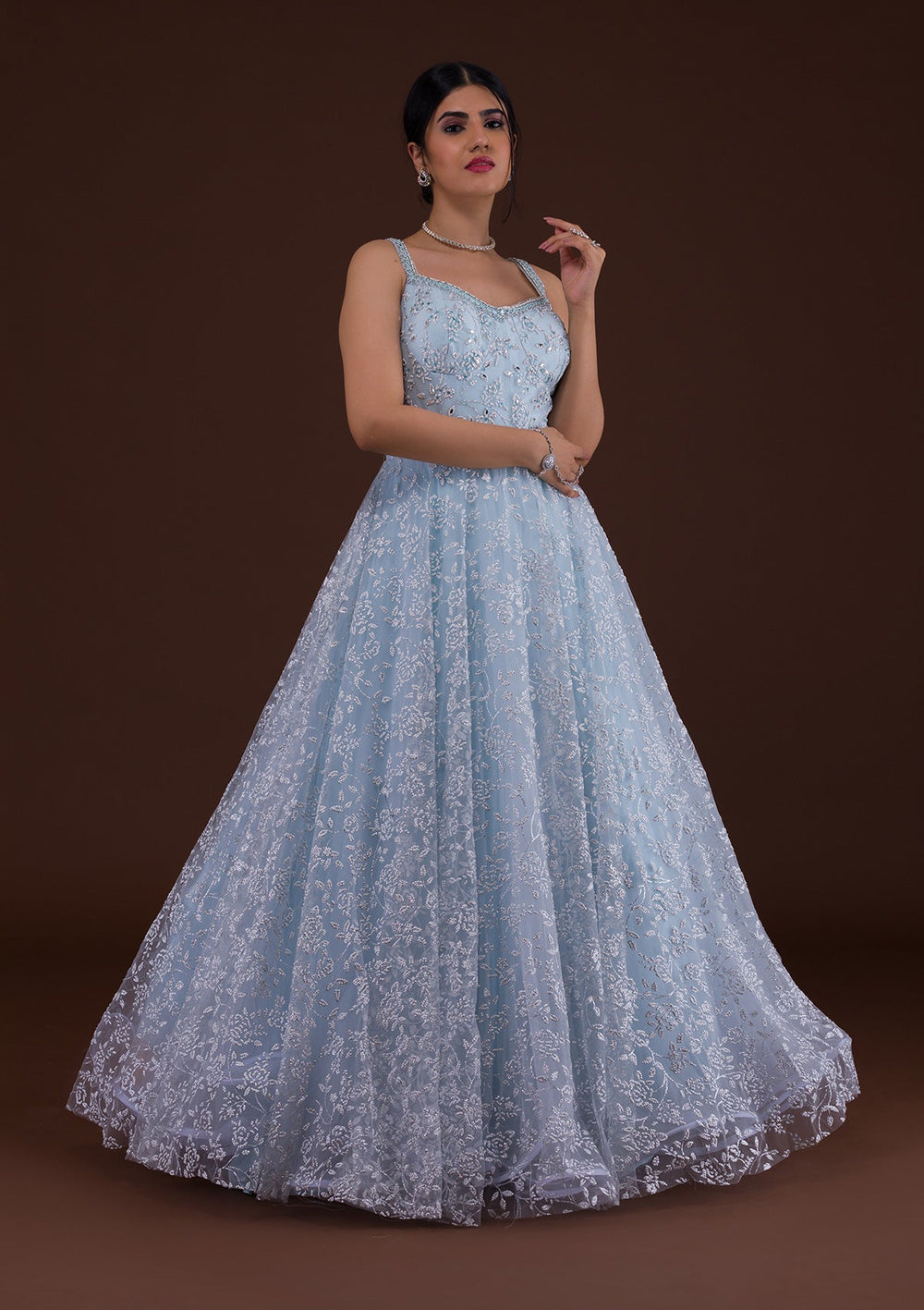 Sky Blue Cutdana Net Designer Gown-Koskii