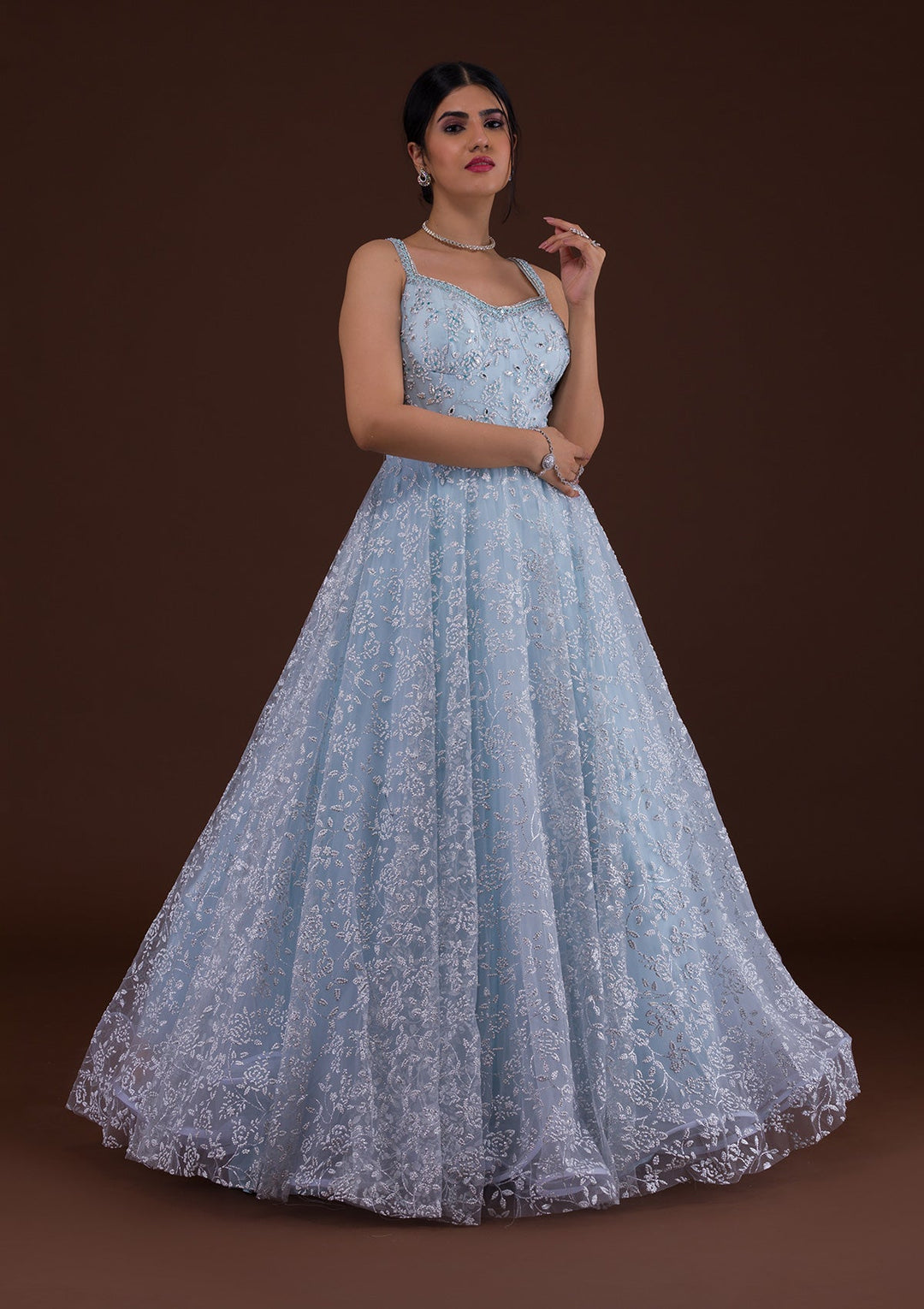 Sky Blue Cutdana Net Designer Gown-Koskii
