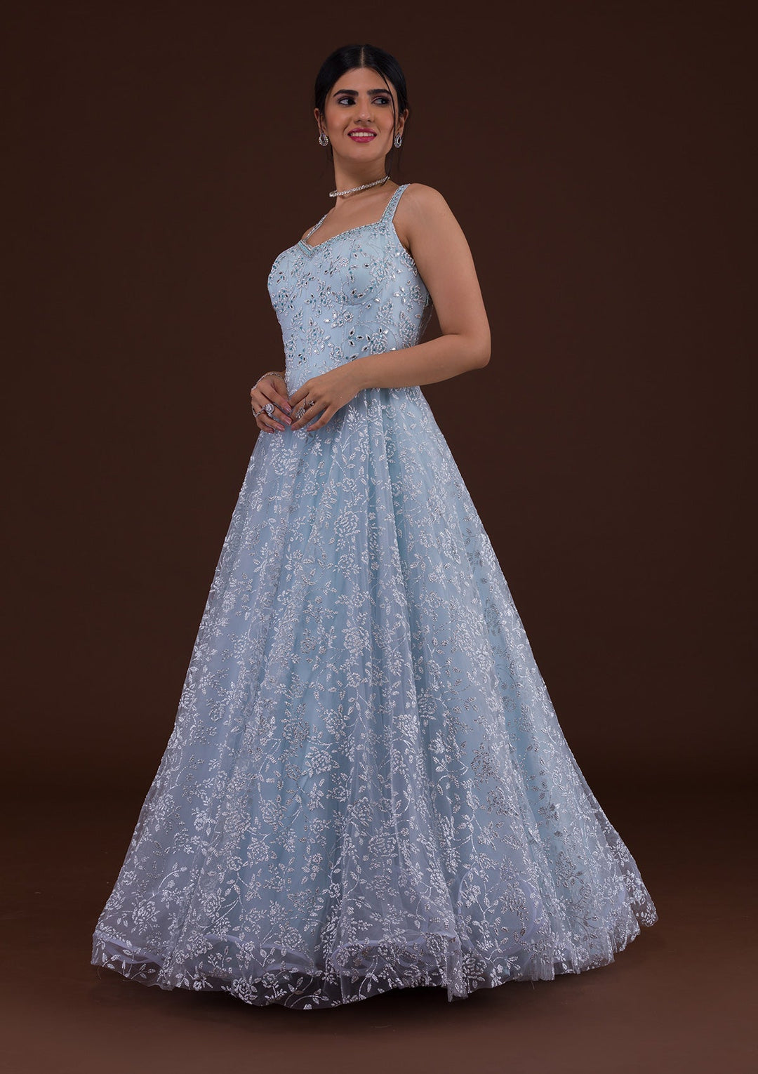 Sky Blue Cutdana Net Designer Gown-Koskii