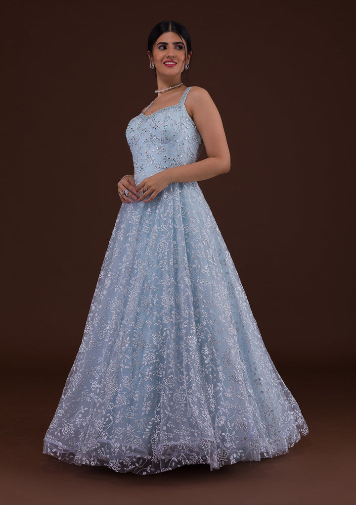 Sky Blue Cutdana Net Designer Gown-Koskii