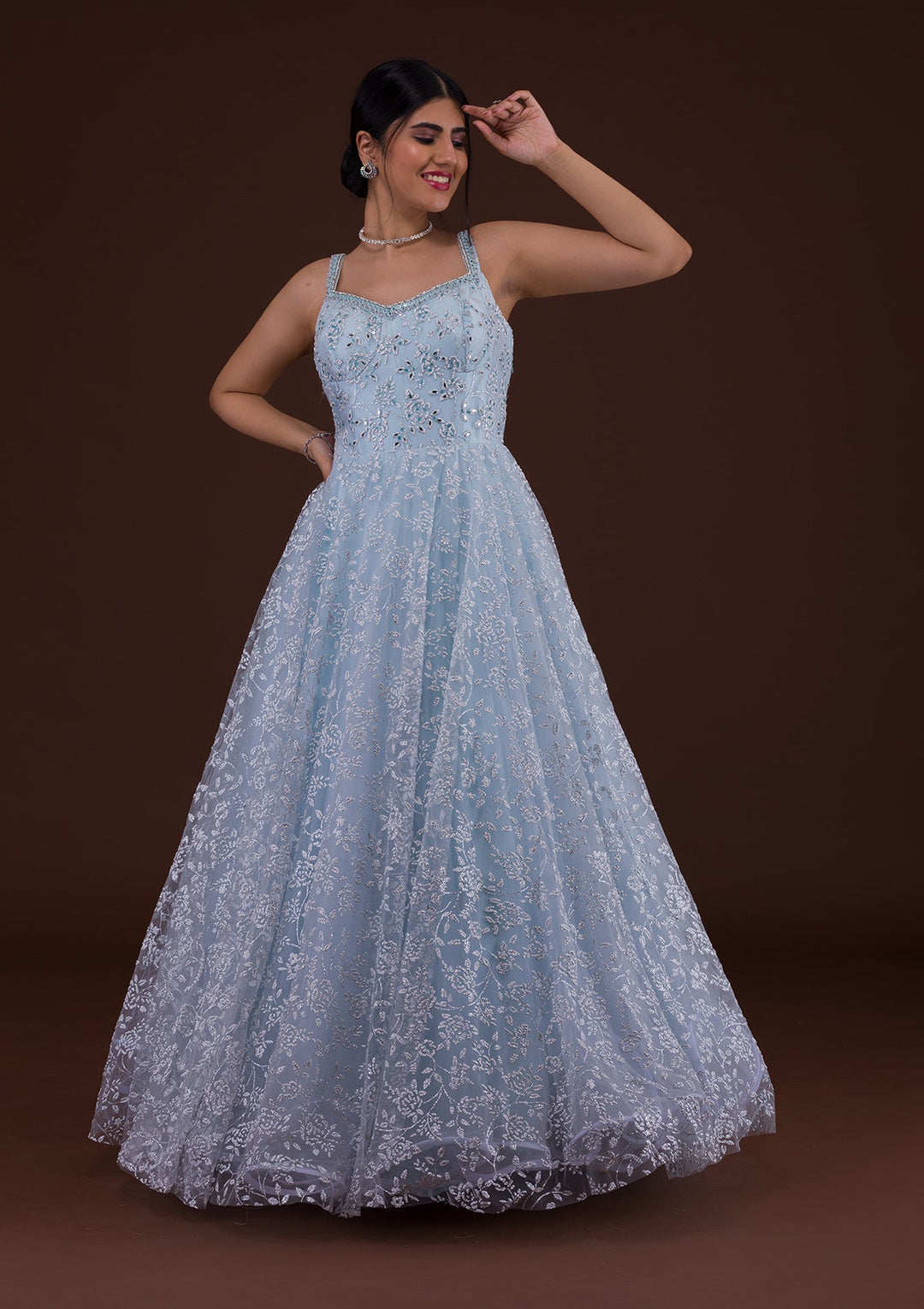 Sky Blue Cutdana Net Designer Gown-Koskii