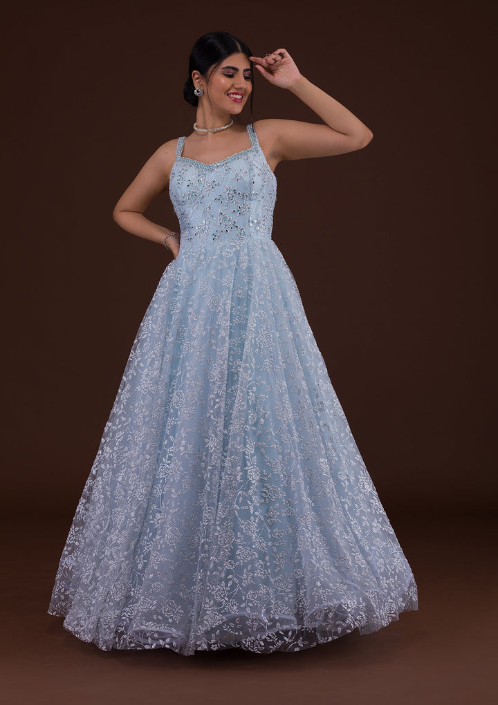 Sky Blue Cutdana Net Designer Gown-Koskii