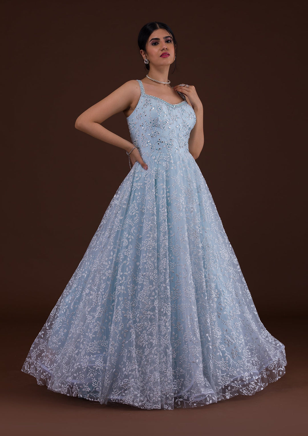 Sky Blue Cutdana Net Designer Gown-Koskii