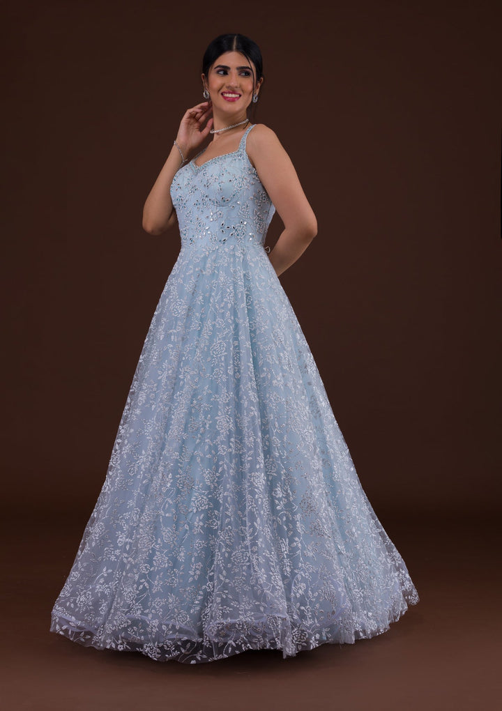 Sky Blue Cutdana Net Designer Gown-Koskii