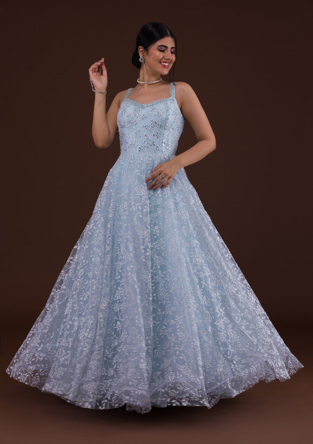 Sky Blue Cutdana Net Designer Gown-Koskii