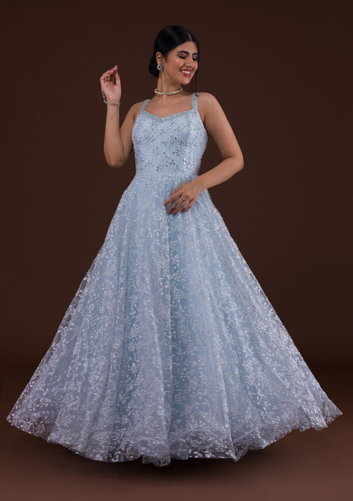 Sky Blue Cutdana Net Designer Gown-Koskii