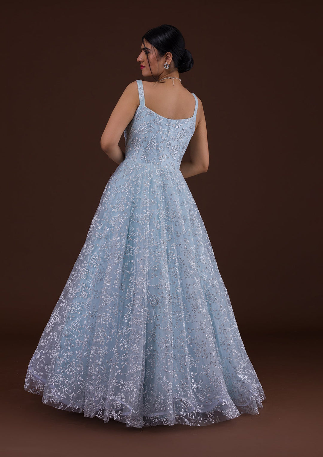 Sky Blue Cutdana Net Designer Gown-Koskii