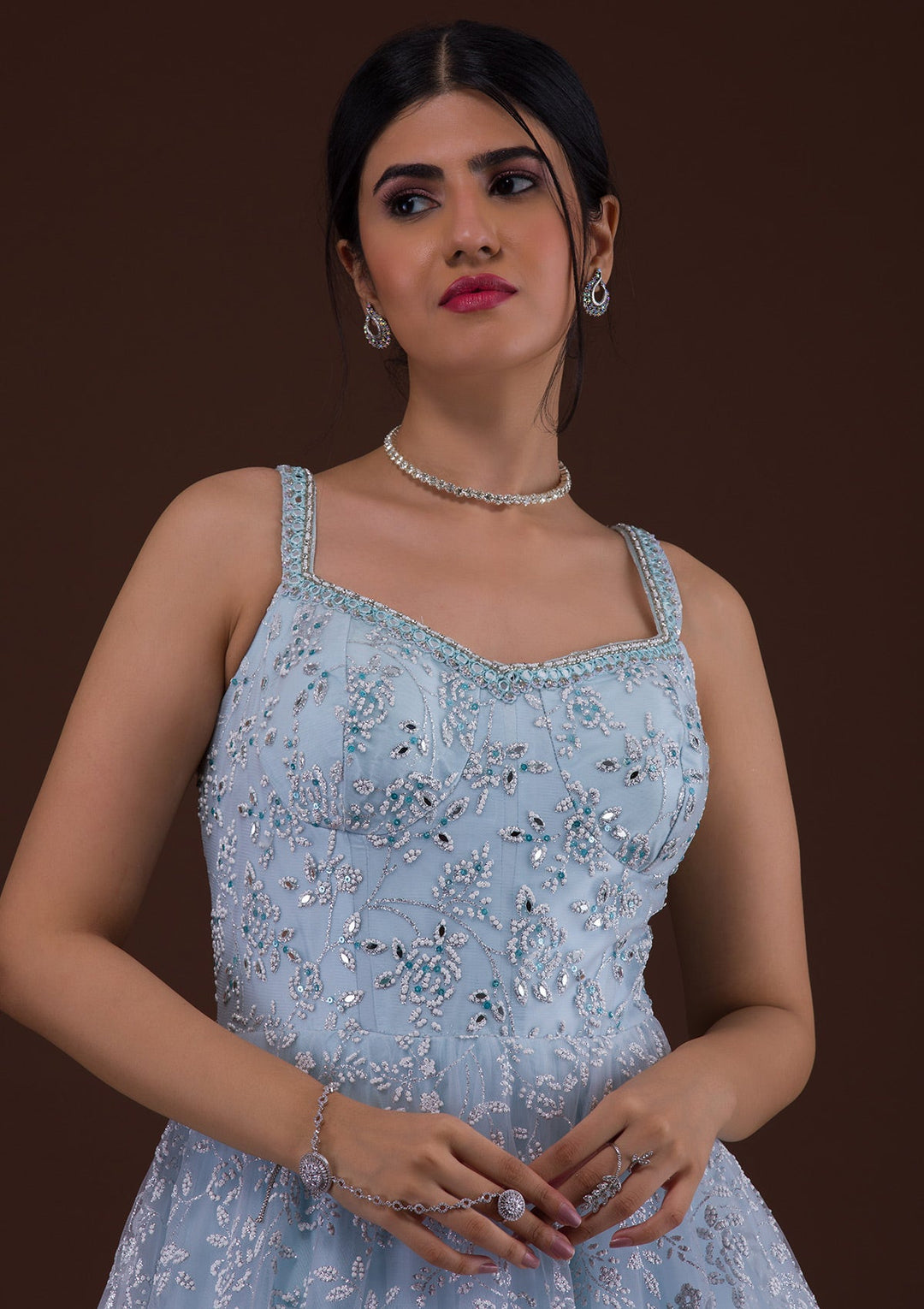 Sky Blue Cutdana Net Designer Gown-Koskii