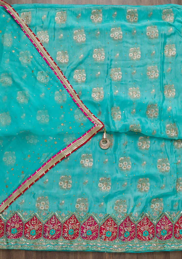 Sky Blue Cutdana Semi Crepe Unstitched Salwar Suit-Koskii