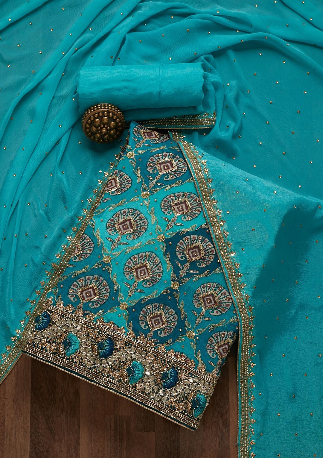 Sky Blue Cutdana Semi Crepe Unstitched Salwar Suit- Koskii