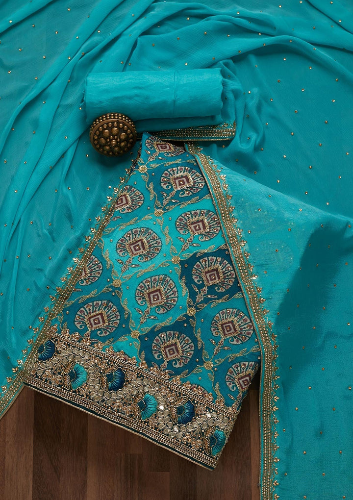 Sky Blue Cutdana Semi Crepe Unstitched Salwar Suit- Koskii