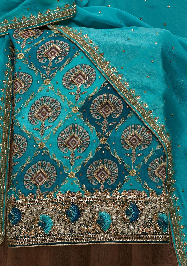 Sky Blue Cutdana Semi Crepe Unstitched Salwar Suit - Koskii