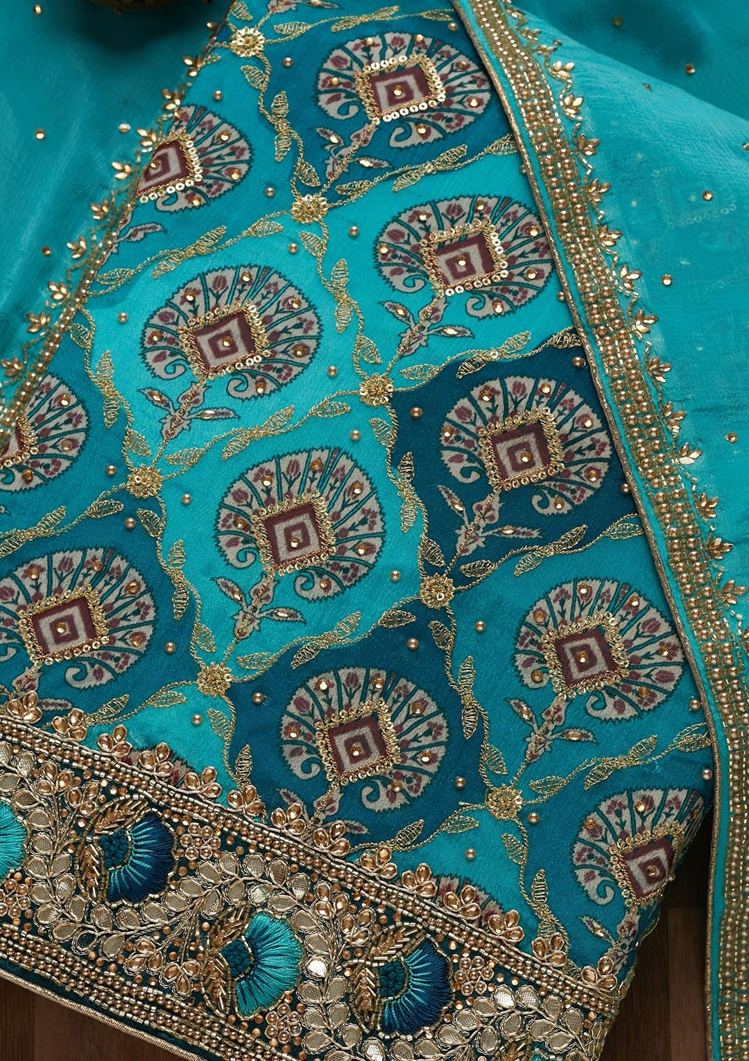 Sky Blue Cutdana Semi Crepe Unstitched Salwar Suit - Koskii