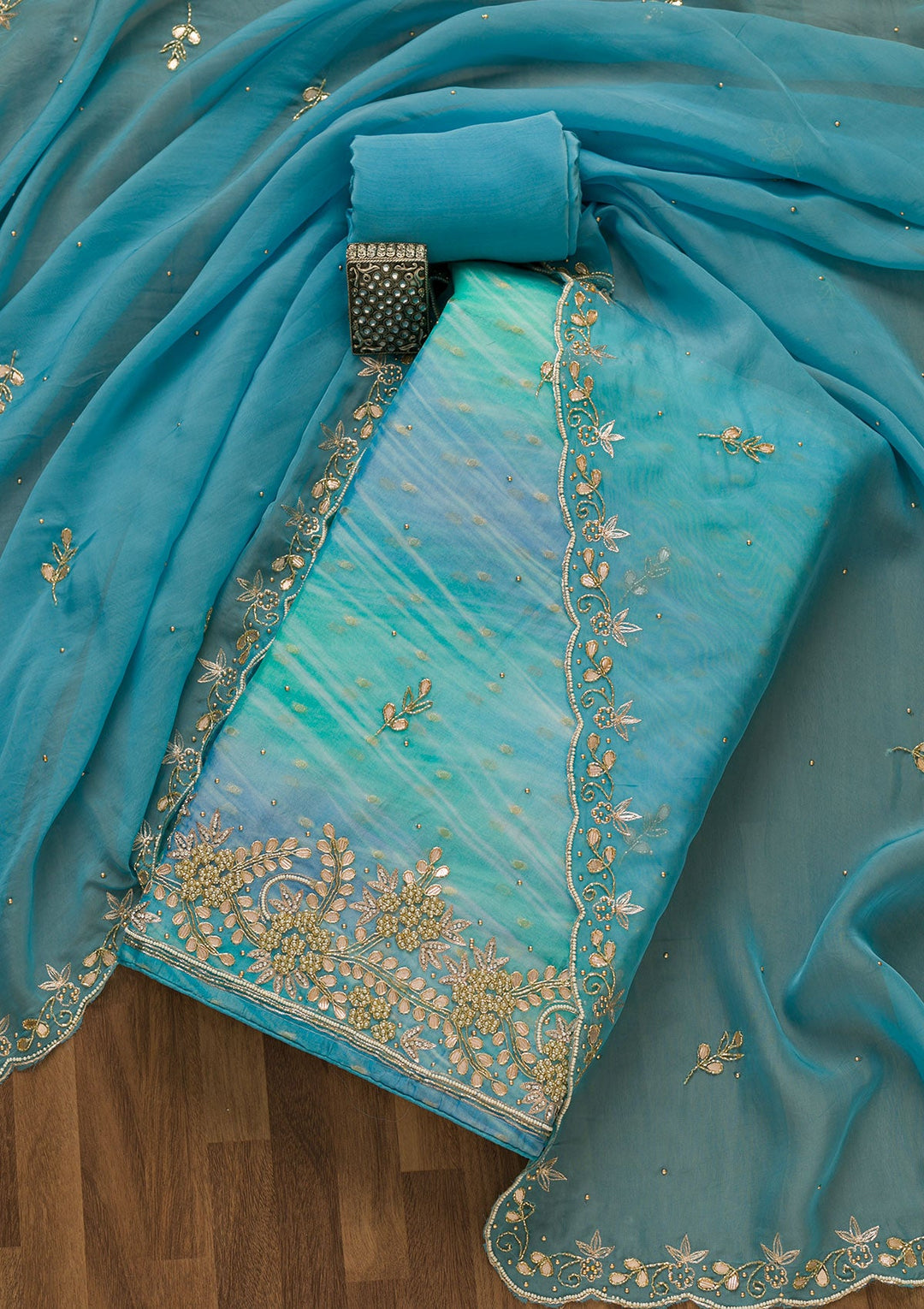 Sky Blue Gotapatti Brocade Salwar Kameez-Koskii