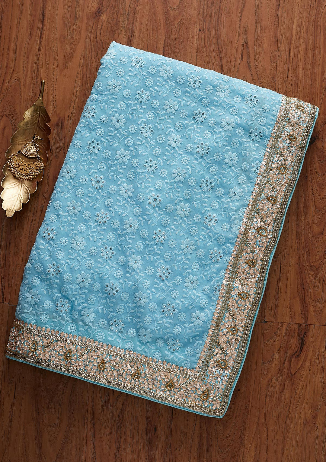 Sky Blue Gotapatti Chiffon Designer Saree - koskii