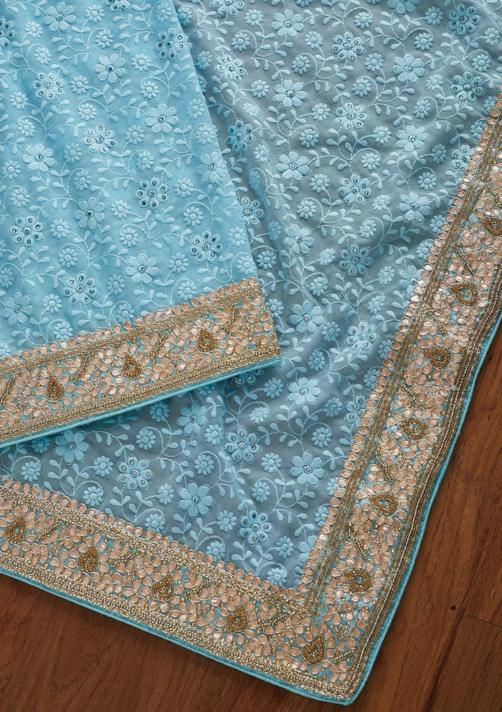 Sky Blue Gotapatti Chiffon Designer Saree - koskii