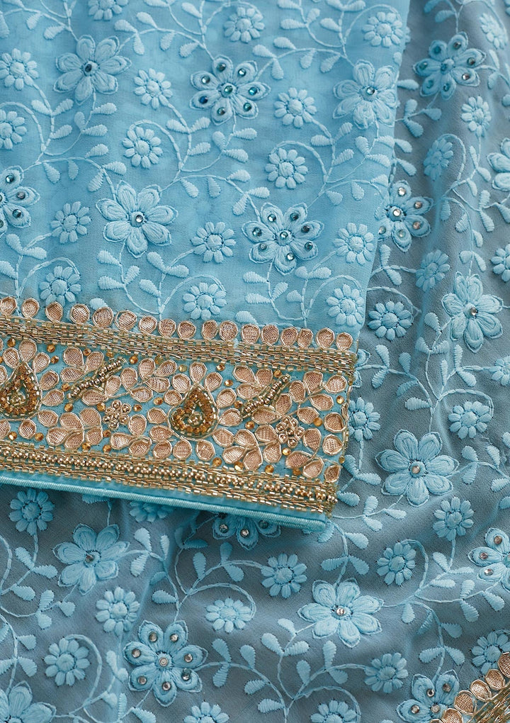 Sky Blue Gotapatti Chiffon Designer Saree - koskii