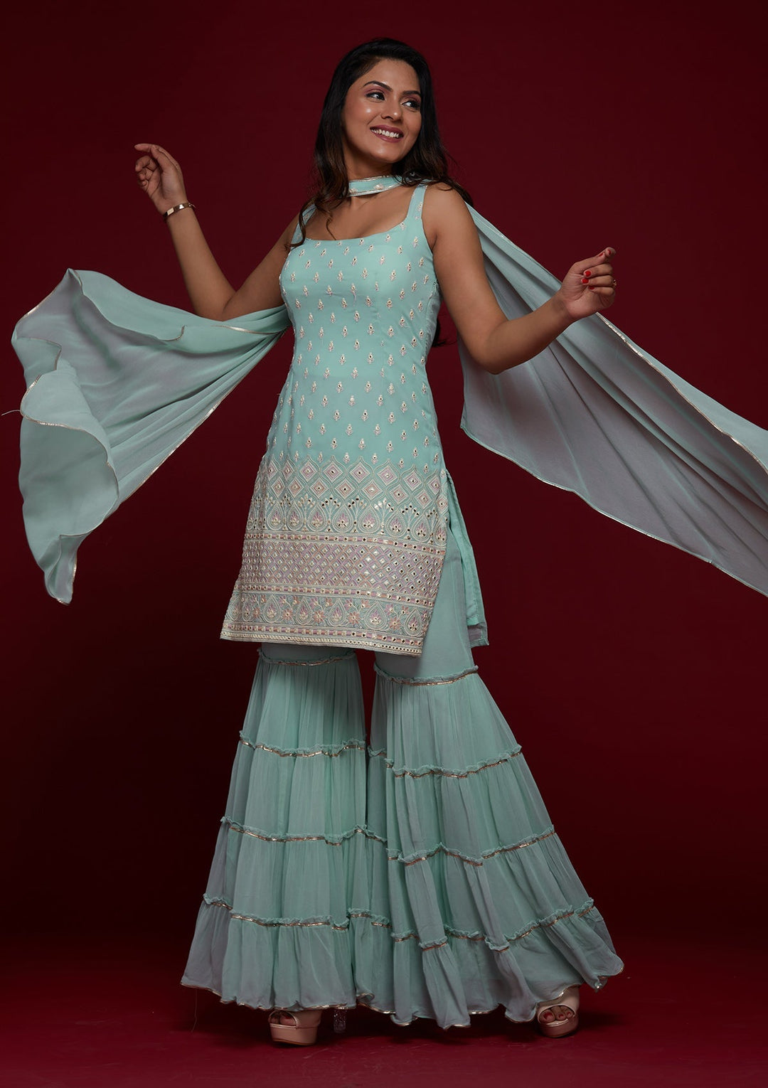 Sky Blue Gotapatti Georgette Designer Salwar Suit - Koskii