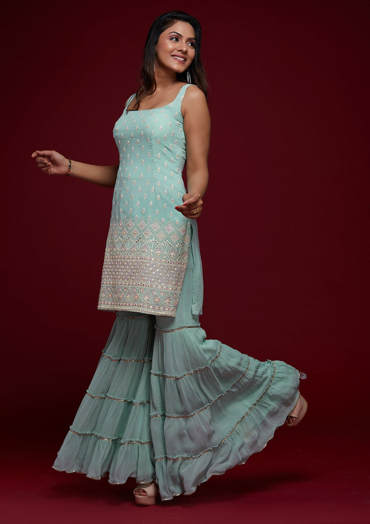 Sky Blue Gotapatti Georgette Designer Salwar Suit - Koskii