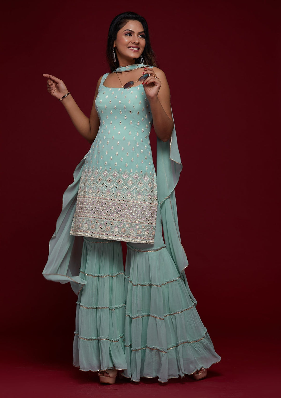 Sky Blue Gotapatti Georgette Designer Salwar Suit - Koskii