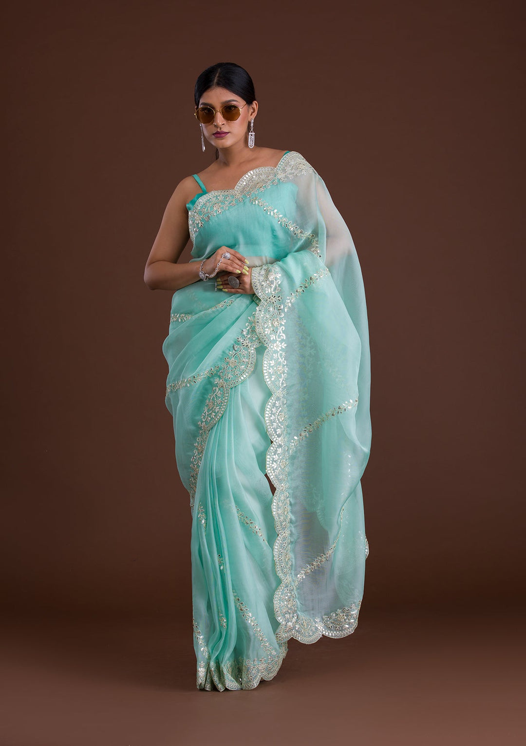 Sky Blue Gotapatti Net Saree-Koskii