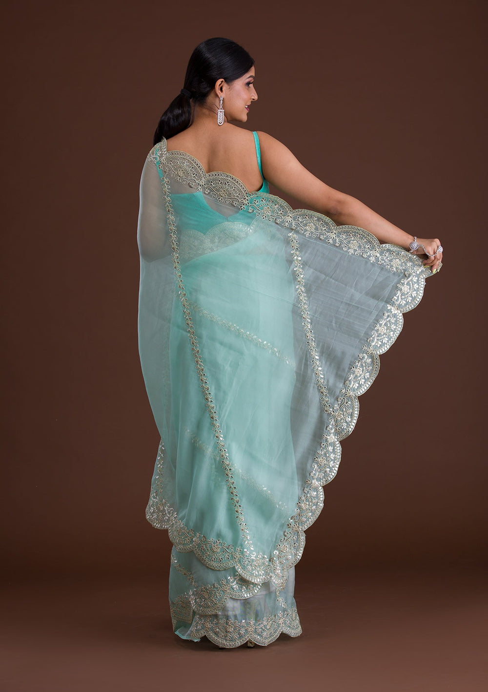 Sky Blue Gotapatti Net Saree-Koskii