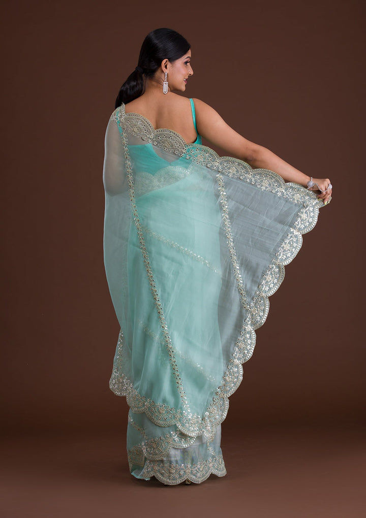 Sky Blue Gotapatti Net Saree-Koskii