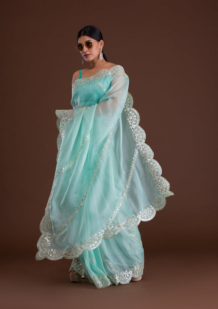 Sky Blue Gotapatti Net Saree-Koskii