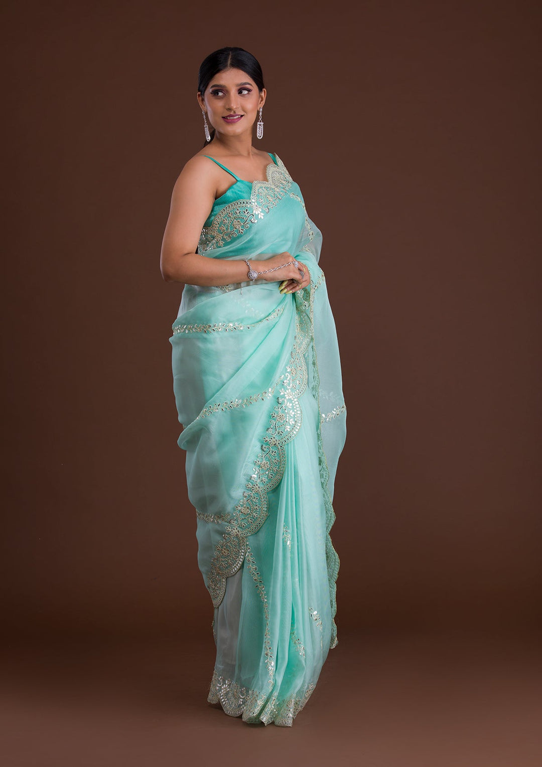 Sky Blue Gotapatti Net Saree-Koskii