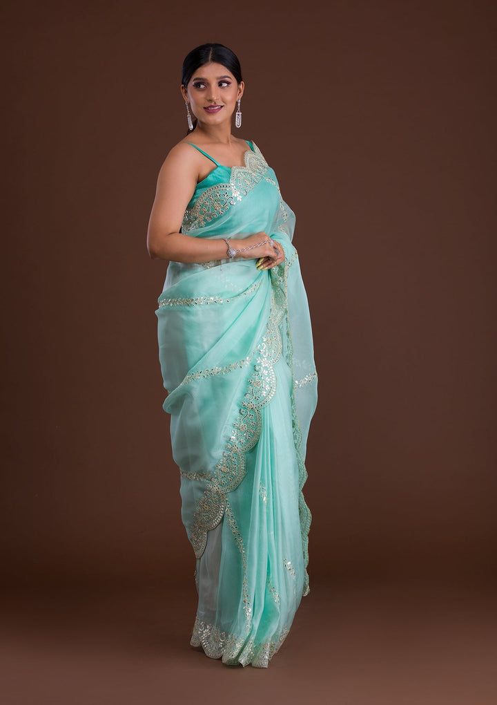 Sky Blue Gotapatti Net Saree-Koskii