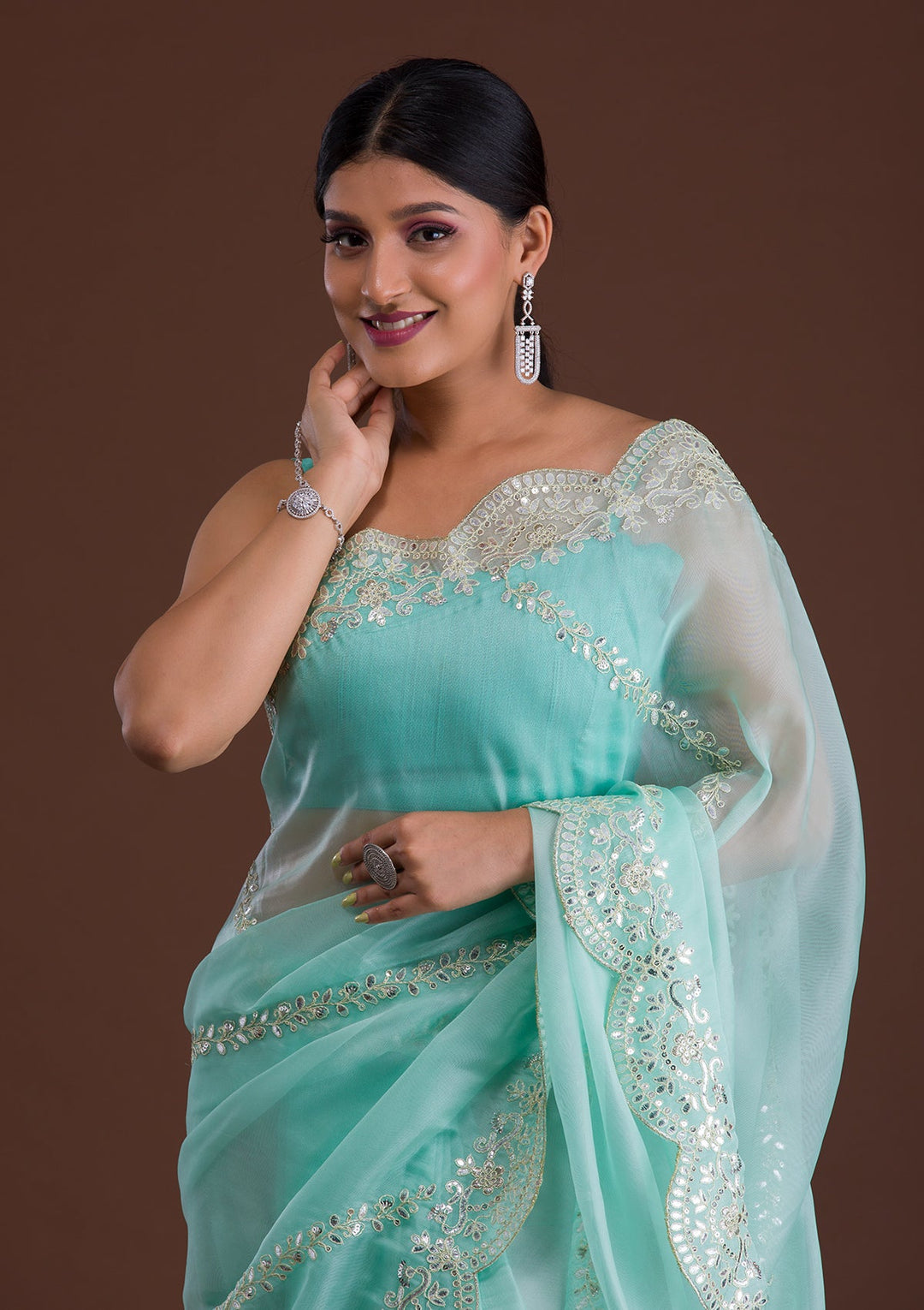 Sky Blue Gotapatti Net Saree-Koskii