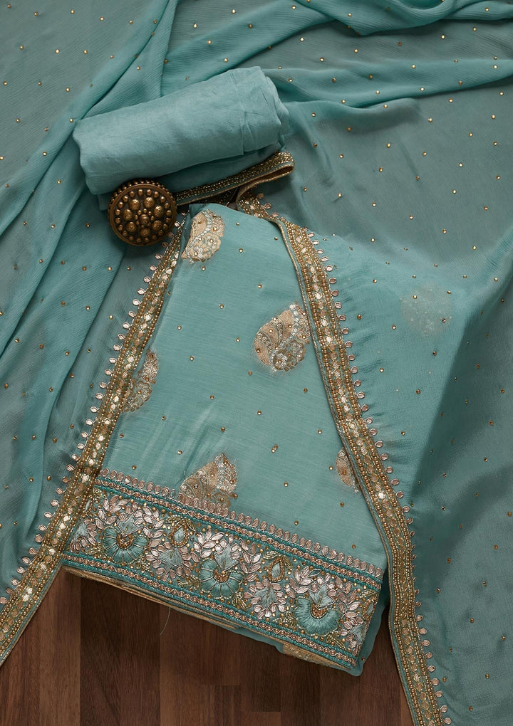 Sky Blue Gotapatti Semi Crepe Unstitched Salwar Suit- Koskii